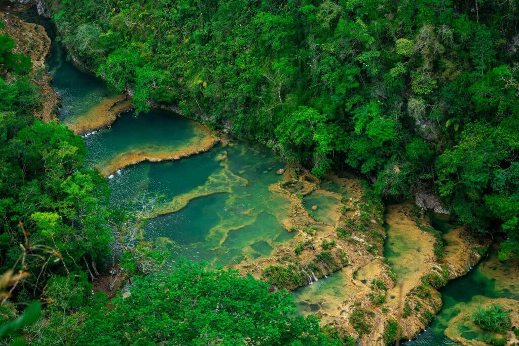 De turquoise kalkstenen poelen van Semuc Champey in de jungle
