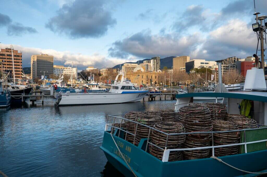 Uitzicht over Hobart en de haven met Mount Wellington op de achtergrond