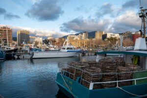 Uitzicht over Hobart en de haven met Mount Wellington op de achtergrond